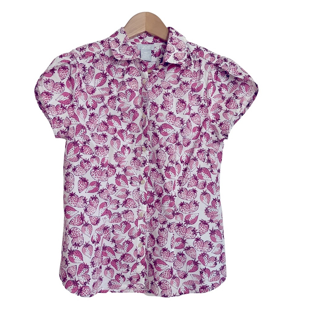 2/$15 Joe Fresh white cotton short sleeve blouse with pink strawberries